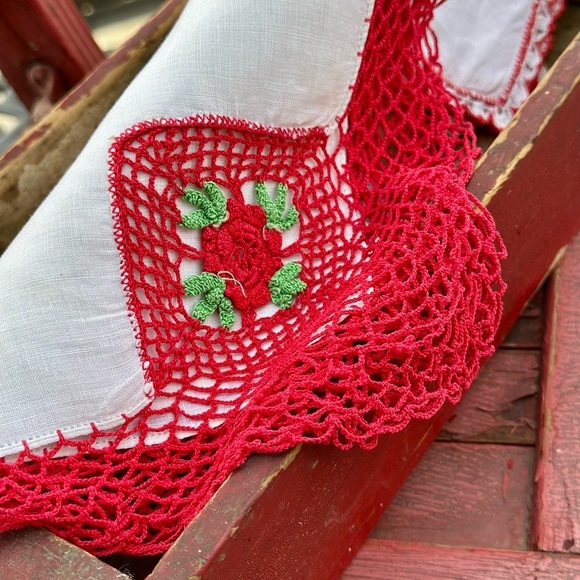 Source Unknown Other - 2 Vintage Handkerchiefs with Colorful Handmade Crochet Edging